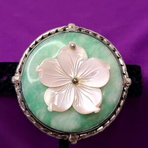 Vintage Sterling Silver Mother of Pearl and Jadeite Brooch